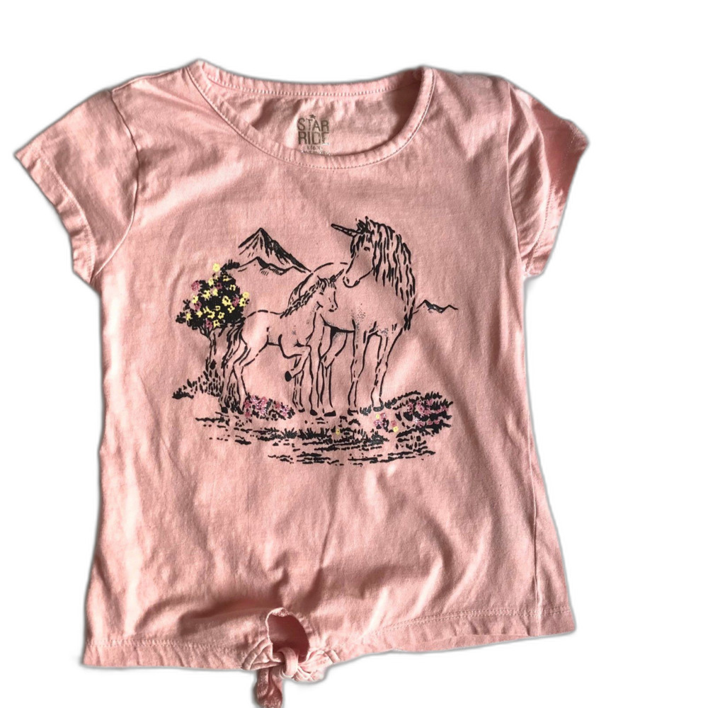 Unicorn Shirt Top Tee Star Ride Girls L 6x Peach Short Sleeve Tie Front Cotton